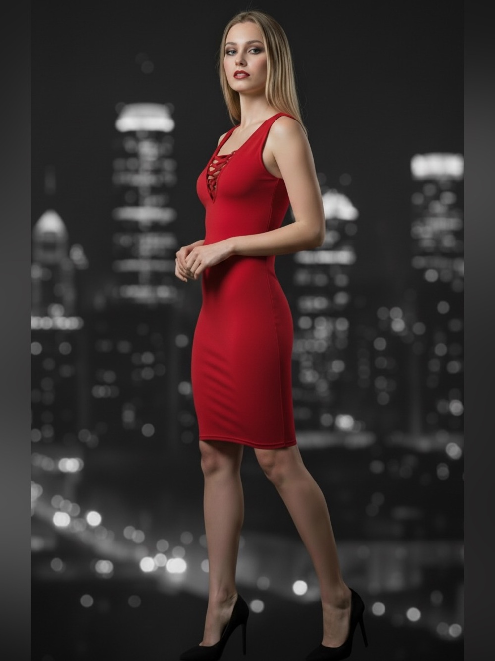 Modern Femme Red Statement Dress - Urban Night Out - Bodycon Silhouette - Size S